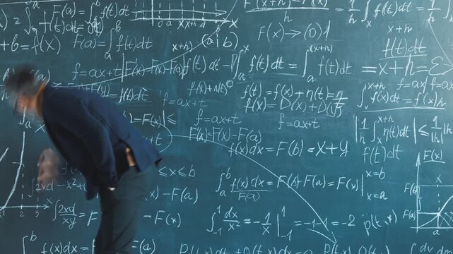 Zoom-out time lapse of man professor writing on blackboard with chalk working at science research in university. Education and people concept.