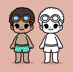 Cartoon boy wearing a swimsuit. coloring book.