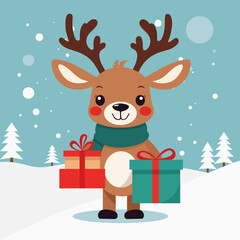 Cute deer with presents. Vector children's illustration with forest winter animal. Reindeer with gifst. Postcard, print for clothes, printing. White isolated background.