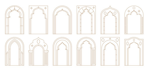 Muslim frames, Ramadan arabian boho arches with borders of vector line islam pattern of minimal art stars, Eid Mubarak lanterns and muslim arches. Aesthetic Ramadan boho door or window frames decor