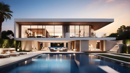 Obraz premium A luxurious residence including a Contemporary pool that opens at sunrise, modern villa construction, a resort-style hotel with exquisite external and interior design, and a backyard view