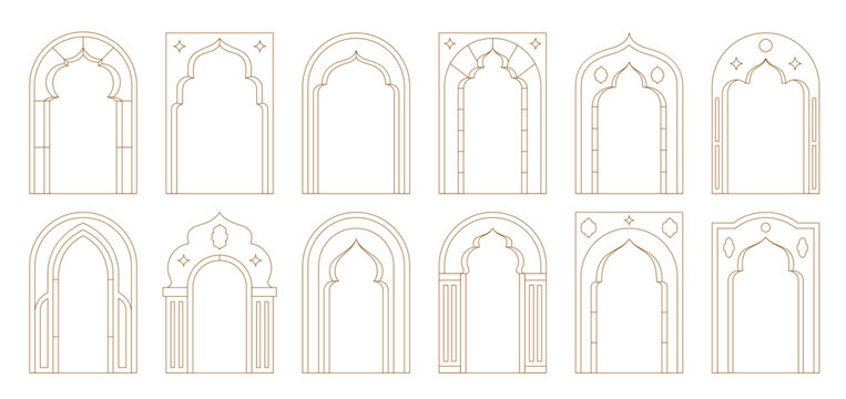 Muslim frames, Ramadan arabian boho arches with borders of vector line islam pattern of minimal art stars, Eid Mubarak lanterns and muslim arches. Aesthetic Ramadan boho door or window frames decor