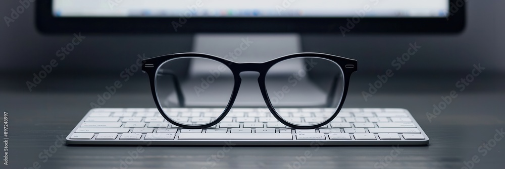 Fototapete a pair of black eyeglasses rests atop a white computer keyboard, with a computer monitor out of focu