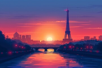 Obraz premium The Eiffel Tower in Paris against the backdrop of a beautiful sunset. vector illustration