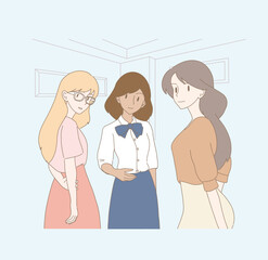 University students standing together in classroom. Group of business people, colleagues rejoicing success. Office team members looking forward.  Hand drawn flat cartoon character vector illustration.