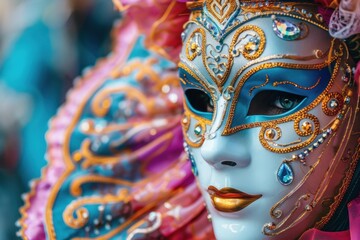 Close up of a beautiful venetian carnival mask with gold and blue decorations