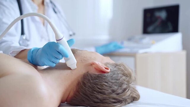 Doctor woman with blue medical gloves performing neck ultrasound exam on male patient. Medicine service concept