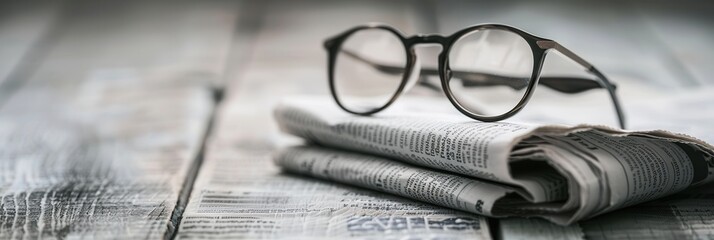 Black framed eyeglasses sit atop a folded newspaper on a weathered wooden table. Generative AI