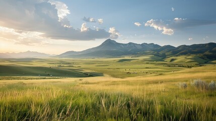 Fototapeta premium A panoramic view of a ranch with grazing livestock.