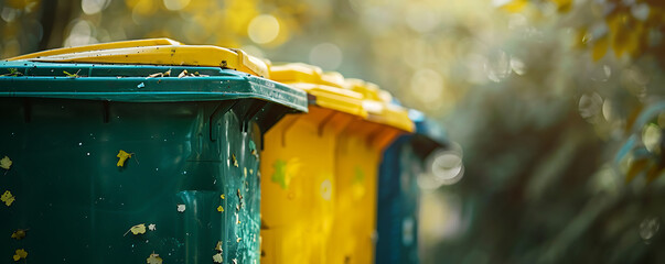 yellow and green house garbage can close up with blurred background