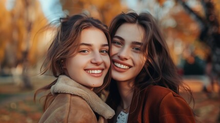 Obraz premium Happy young women friends well-dressed smiling while standing together