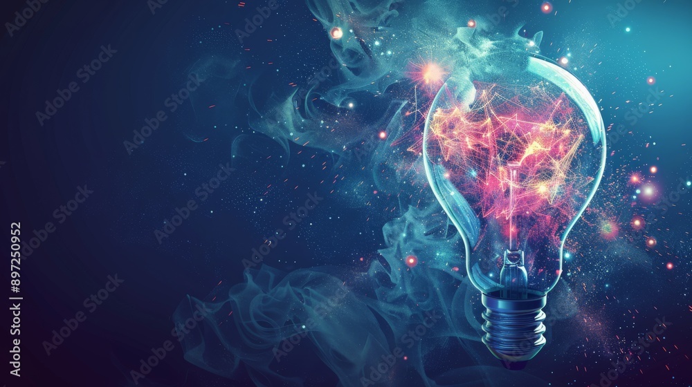 Poster Abstract light bulb with digital network and bokeh lights. Innovation and technology concept.