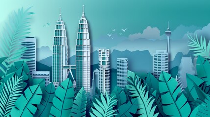 A 3D papercut illustration of the Petronas Towers with precise shading and a realistic Kuala Lumpur skyline