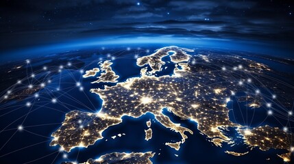 European global network  financial connectivity, trade, and telecommunications on earth globe