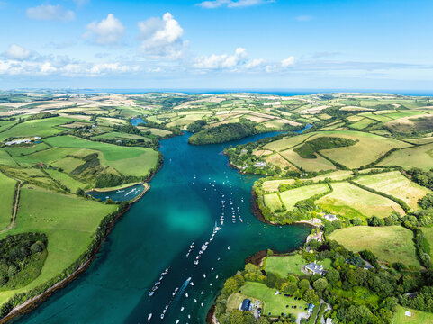 Salcombe and Mill Bay over Kingsbridge Estuary from a drone, Batson Creek, Southpool Creek, Devon, England, Europe