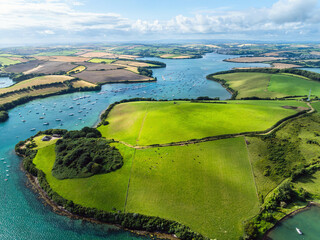 Salcombe and Mill Bay over Kingsbridge Estuary from a drone, Batson Creek, Southpool Creek, Devon, England, Europe