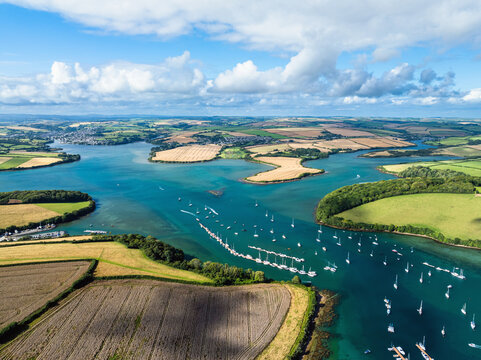 Salcombe and Mill Bay over Kingsbridge Estuary from a drone, Batson Creek, Southpool Creek, Devon, England, Europe