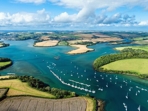 Salcombe and Mill Bay over Kingsbridge Estuary from a drone, Batson Creek, Southpool Creek, Devon, England, Europe