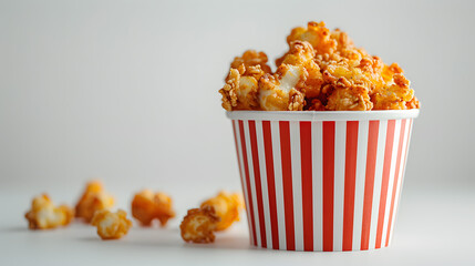 A red and white striped baking cup filled with caramel popcorn, a delicious finger food made with a mix of popcorn, caramel, and butter