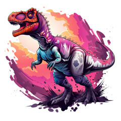 Naklejka premium A vibrant and dynamic illustration of a dinosaur, showcasing bold colors and striking features against a dramatic backdrop.
