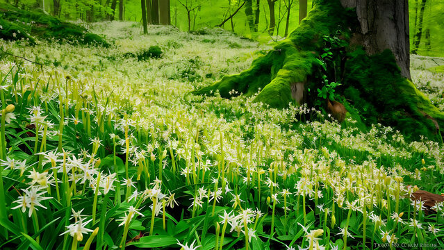 Leucoma Venom Blooming in Spring Forest, 
 European Nature. Generative Ai