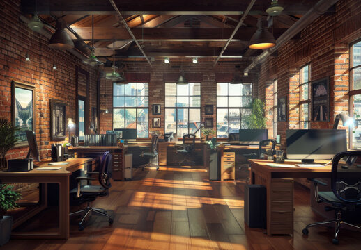Furniture, interior and empty office for company with decor in minimal coworking space in New York. Creative startup, art and small business with desk, chairs and wooden floor in modern workplace.