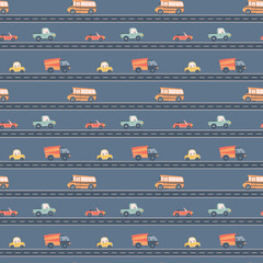Kids seamless pattern with car, bus and road. Perfect for fabric , digital paper, cards.