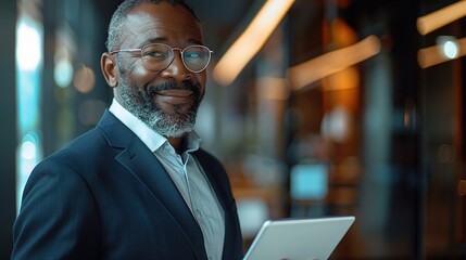 Fototapeta premium businessman holding a digital tablet while giving a presentation to colleagues in a modern office