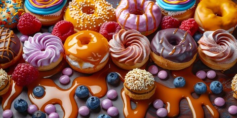 Colorful Assorted Donuts with Berries and Caramel Toppings on Wooden Background
