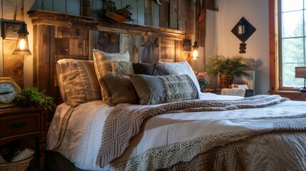 A rustic wooden bed with a farmhouse-style headboard, surrounded by warm, earthy decor and soft lighting.