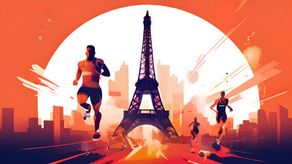 Olympics 2024 abstract illustration of athletes competing in various olympic sports ideal and the Eiffel Tower prominently. Generative ai.