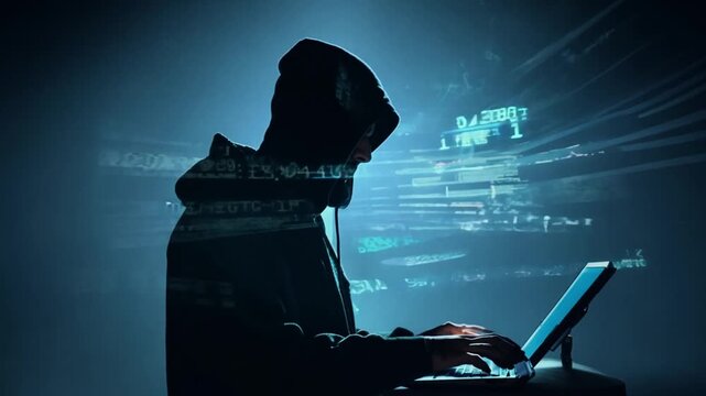 Hacker in Hood Working in Dark Abstract Room Laptop Keyboard Typing with Digital Virtual Script Texts and Numbers Flying. Anonymous Man Without Face Hacking System. Hacker Attack Concept 4k UHD.