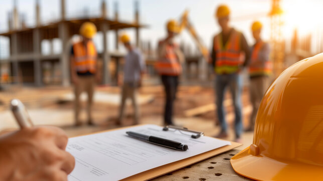foreman writes a report on the construction site against the background of workers and buildings