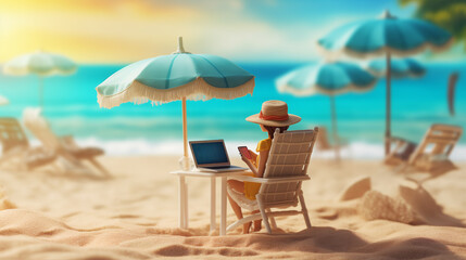 Woman sitting at a table with a laptop on a sandy beach by the sea, under an umbrella. Freelancer, online work, businesswoman programmer. Imitation of cartoon style 3d rendering.