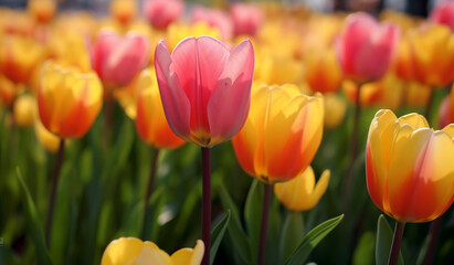 a field of yellow and pink flowers with a blurry background of red and yellow tulips in the foreground