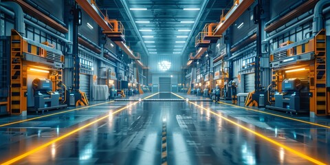 Fototapeta premium Modern Industrial Warehouse with Advanced Machinery and Bright Lighting