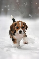 Beagle dog standing in the snow, looking ahead with curious expression