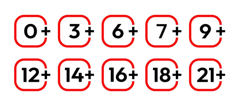 Under age signs and icons, 18 plus symbols for forbidden warning and restrictions, vector labels. Underage signs for 21 years older adults or PG content on under age prohibition for kids toys