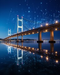 Fototapeta premium Nighttime abstract smart city lights river bridge connectivity and technology network