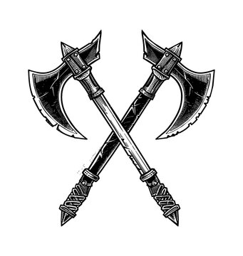 crossed axe medieval engraving black and white outline