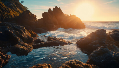 Obraz premium A picturesque rocky shoreline with unique rock formations, tide pools, and waves gently crashing