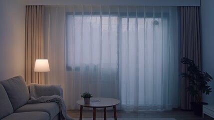 A lamp sits on a small table next to a sofa in a living room, with a window showing the view outside at dusk