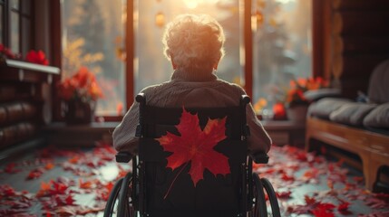 Elderly Woman Sitting in Wheelchair by Window With Fall Foliage