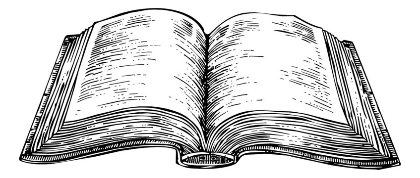 old open book engraving black and white outline