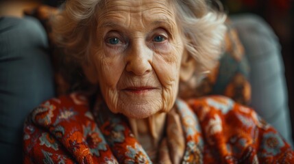 Close Up Portrait of an Elderly Woman Wearing a Floral Blouse