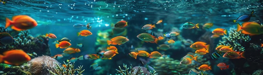 Obraz premium Vibrant underwater scene filled with colorful tropical fish swimming among coral reefs, showcasing marine biodiversity.