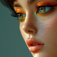 Close-up portrait of a woman with colorful and vibrant eye makeup