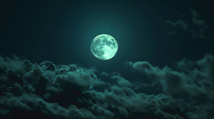 Fototapeta premium airplane in the night sky, midnight, nighttime, moon and clouds 