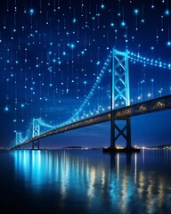 Obraz premium Futuristic city lights night view of smart infrastructure, river bridge, and advanced connectivity