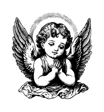 recommend clip art: baby angel engraving black and white outline